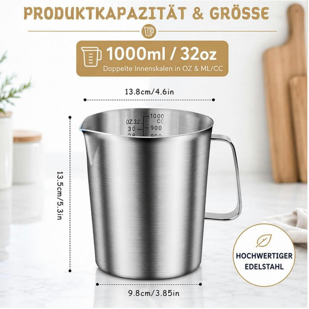 MESSBECHER Edelstahl 1L mit Skala - Silberfarben, Metall (1L)