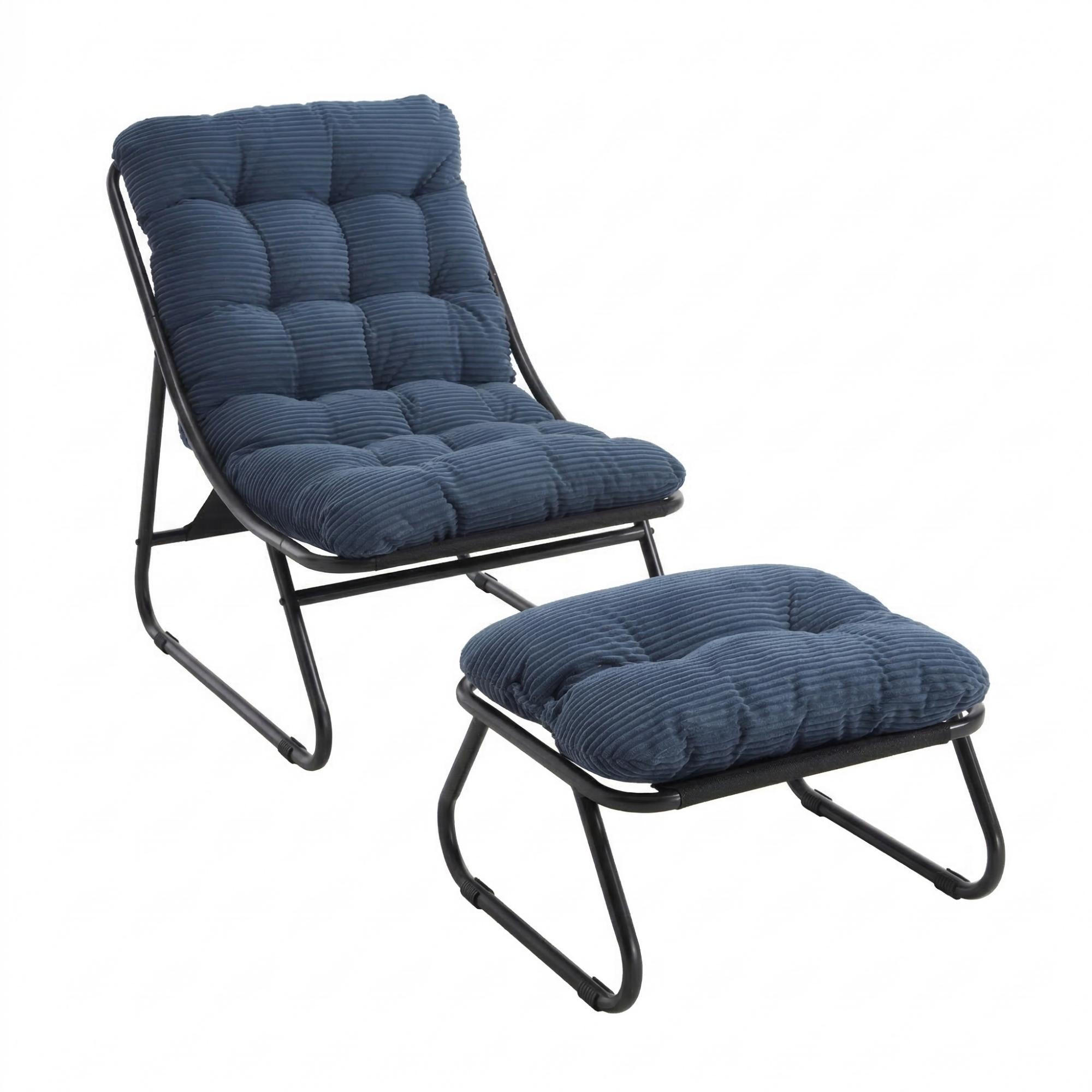 SESSELSET, Relaxsessel mit Hocker,Stahlrahmen,Cord,Blau - Blau, Metall (78/86/65cm) - LVHOM