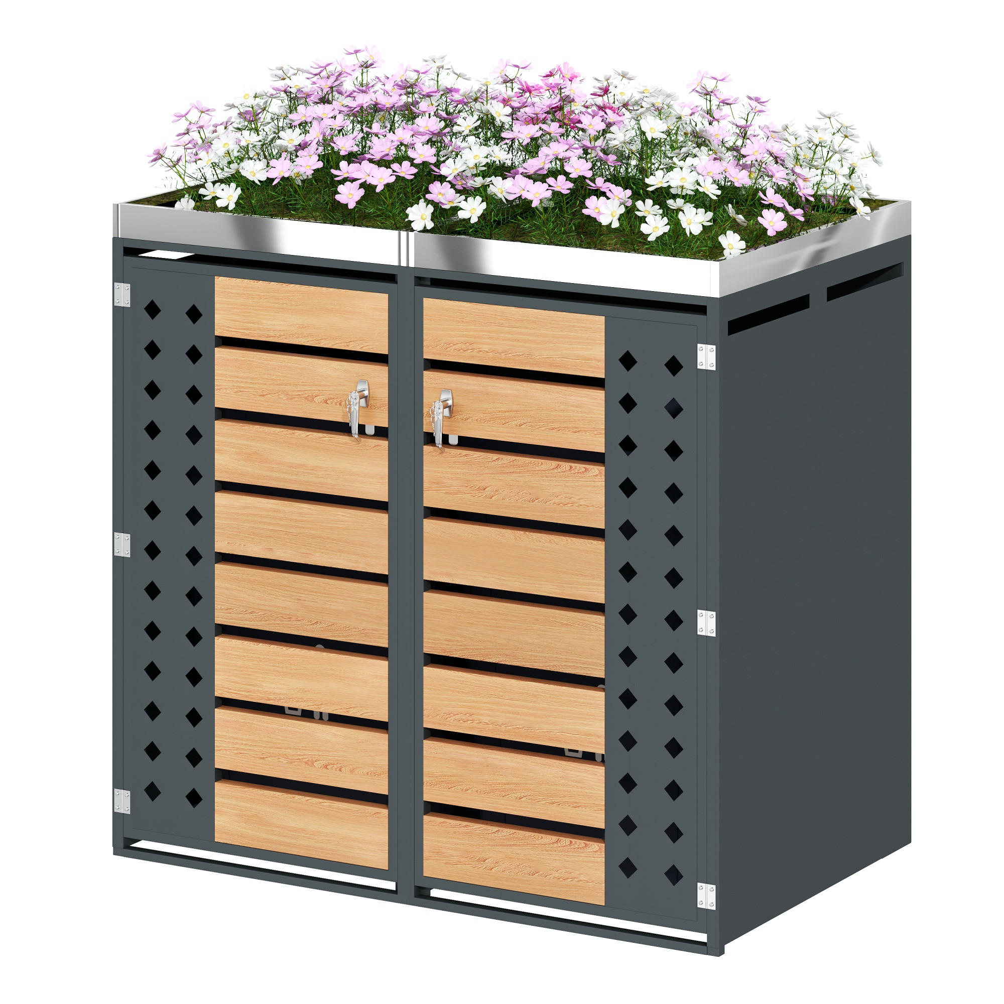 MÜLLTONNENBOX aus verzinktem Stahlblech in Grau/Holzoptik mit Pflanzgefäß 132x80x124,5 cm - Grau, Metall (132/124.5/80cm) - Modfu