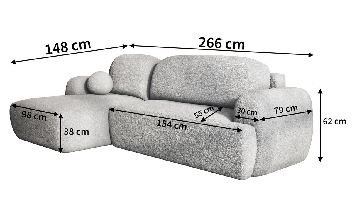 ECKSOFA MODENZA N L-S Hellgrau Boucle-Stoff mit Schlaffunktion - Hellgrau, Holz (266/148cm) - MASSENO