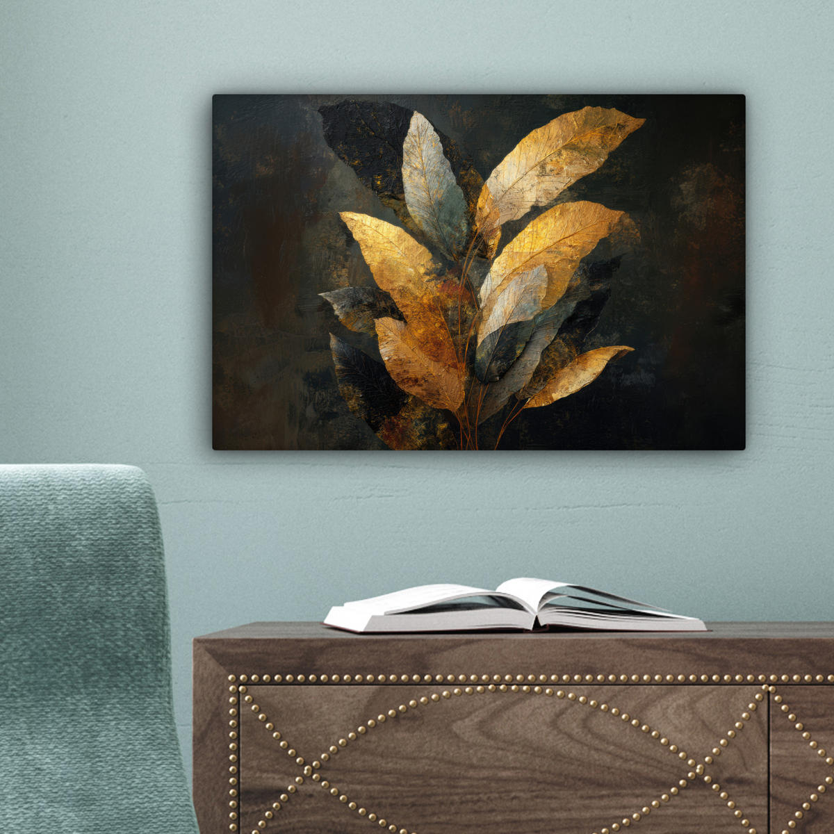 LEINWANDBILD Golden Leaf Komposition - Botanical Luxury Deko Schlafzimmer 30x20 cm - Goldfarben/Schwarz, Textil (30/20cm) - MuchoWow