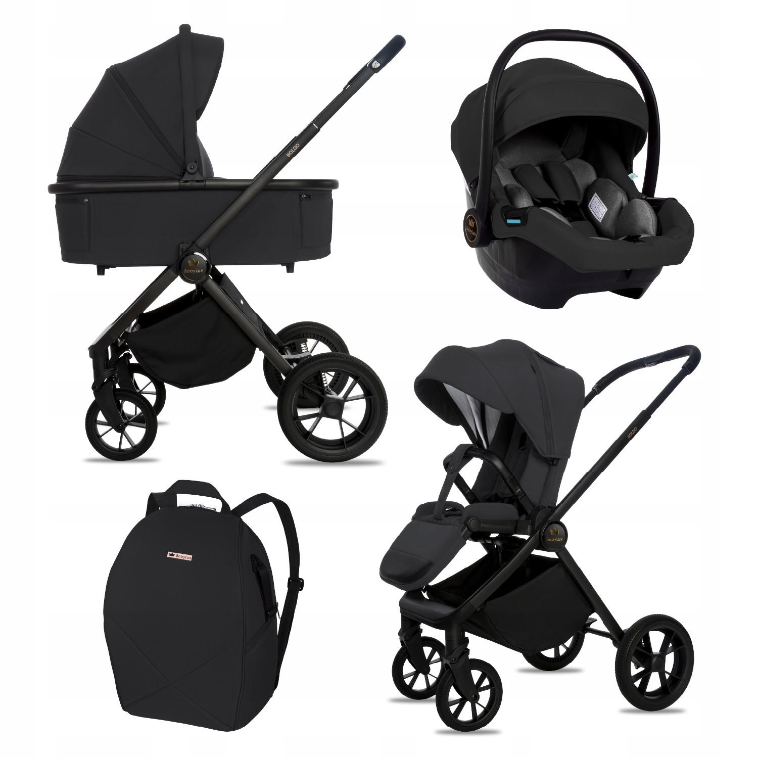KINDERWAGEN Boldo 3in1 Schwarz Babywanne, Buggy Sportsitz, Babyschale I-Size - Schwarz, Textil/Metall (58/98cm) - BabyLux