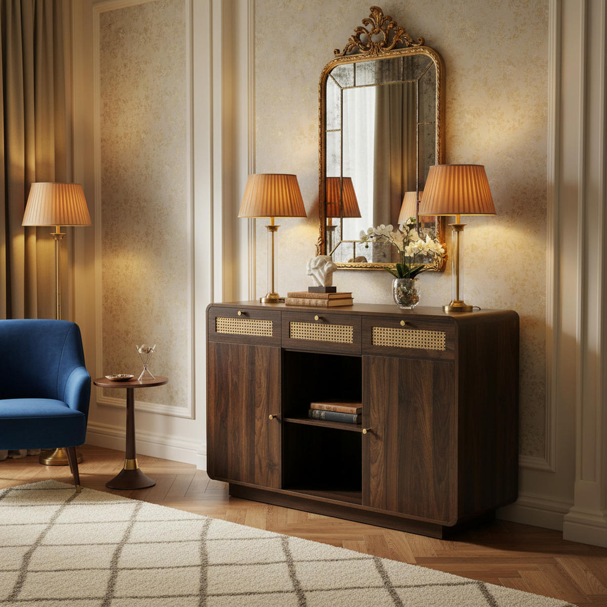 SIDEBOARD Nussbaum, Rattanfronten, Goldgriffe 3 Schubladen, 2 Schränke, Höhenverstellbare Einlegeböden - Walnussfarben, Holzwerkstoff (120/85/40cm) - Urban Meuble