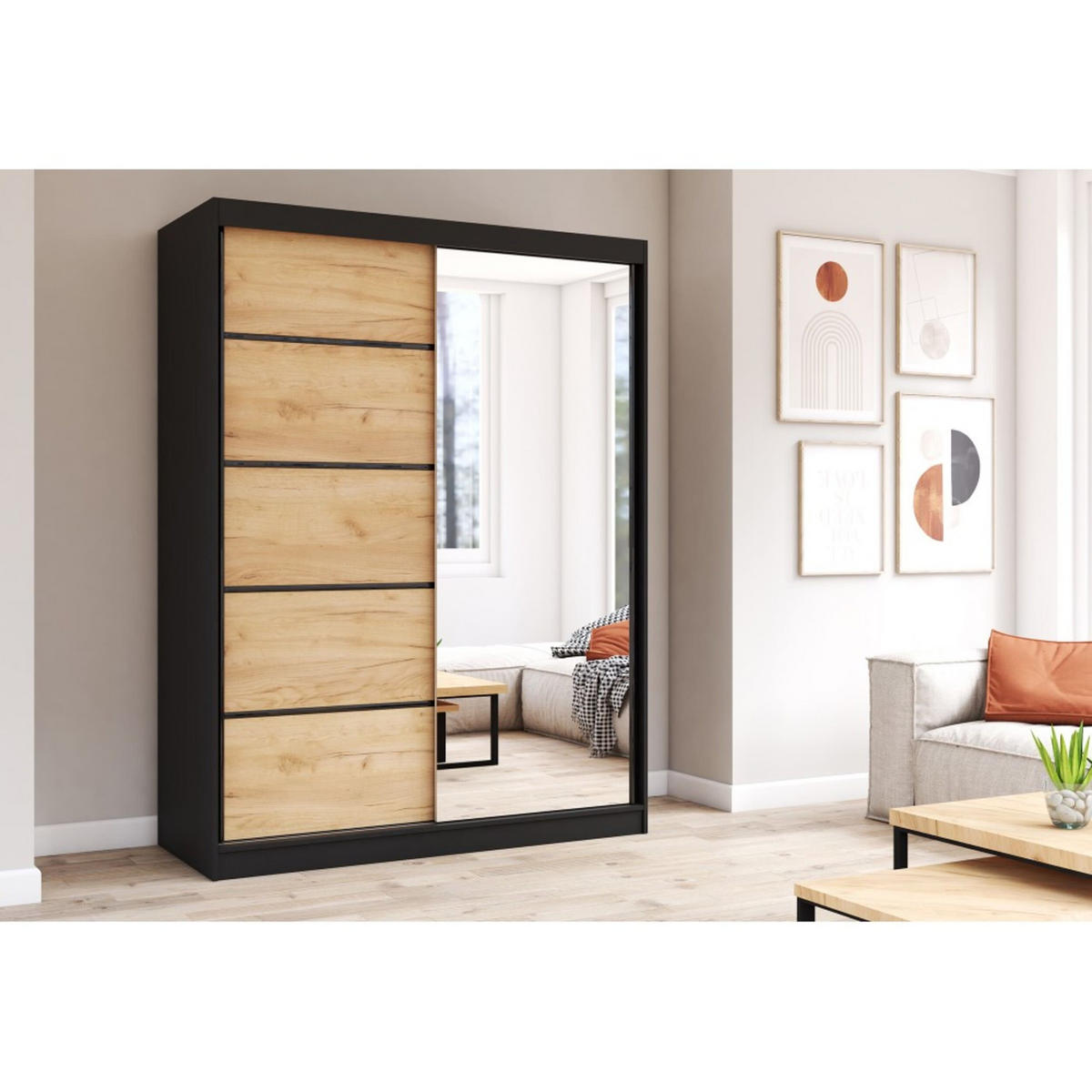 SCHIEBETÜRENSCHRANK - Beni 05 Craft (Schwarz + Craft gold) - Eichefarben/Schwarz, Holzwerkstoff/Metall (150/200/61cm) - Möblo