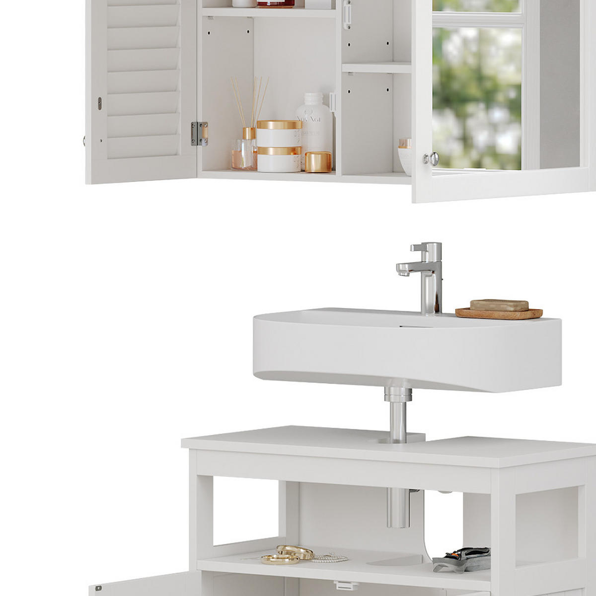 BADMÖBEL-SET Riad Weiß 2 Teile, Unterschrank mit Zwischenablage - Weiß, Holzwerkstoff (60/60/30cm) - Vicco