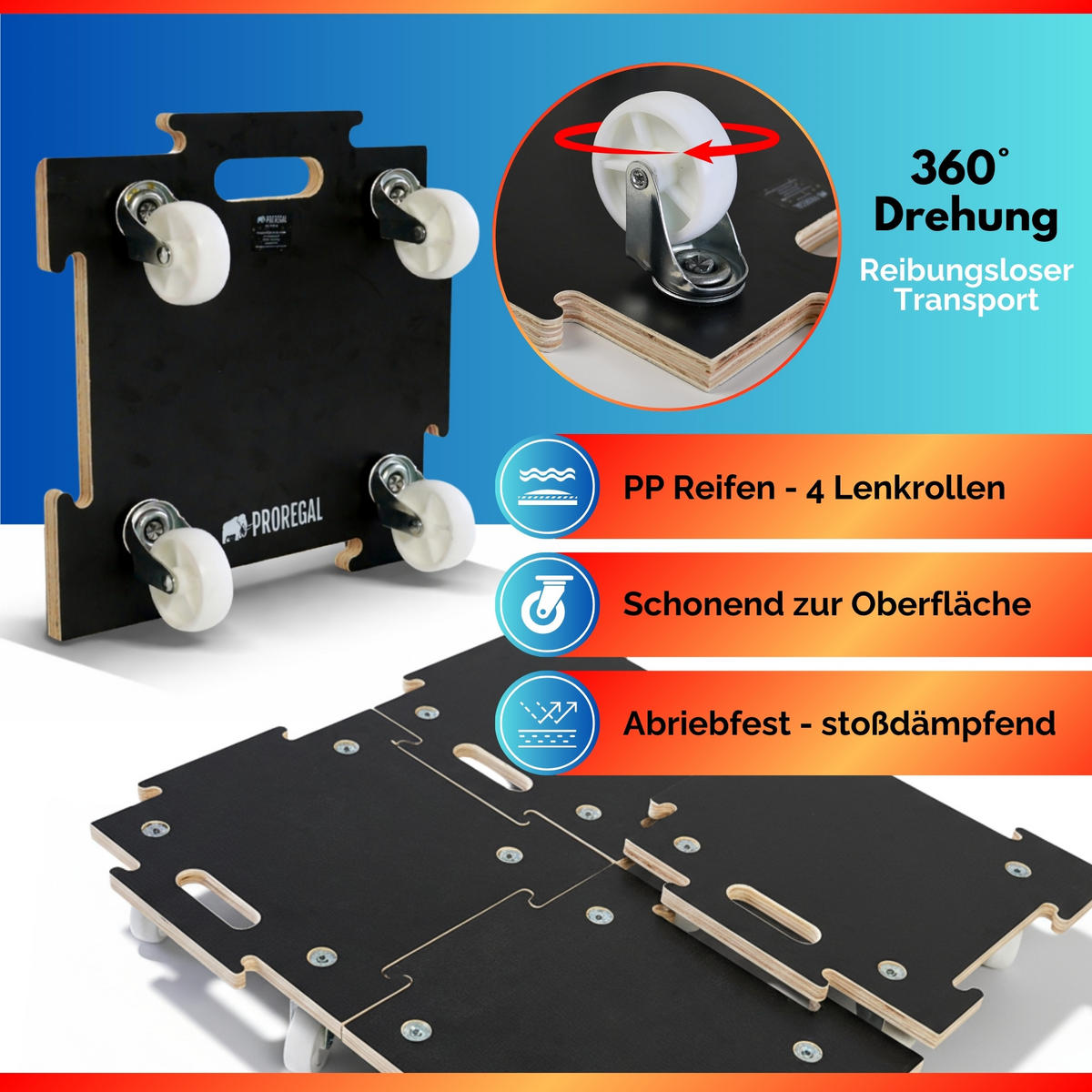 TRANSPORTROLLER 2er-Set Hercules modular 39x39 cm Traglast 200kg Siebdruck Holzplatte Schwarz - Schwarz, Metall (39/39/10cm) - PROREGAL