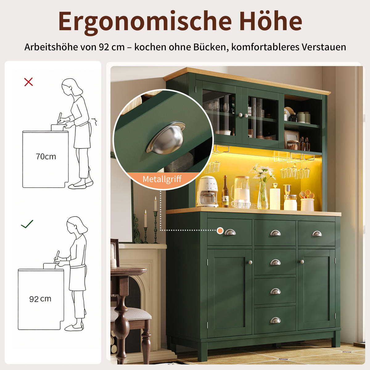 HIGHBOARD in Grün Küchenschrank mit LED-Lichtleiste und Schubladen für Küche und Wohnzimmer, B104/T40/H180 cm - Grün, Glas/Holzwerkstoff (104/180/40cm) - STILVORA