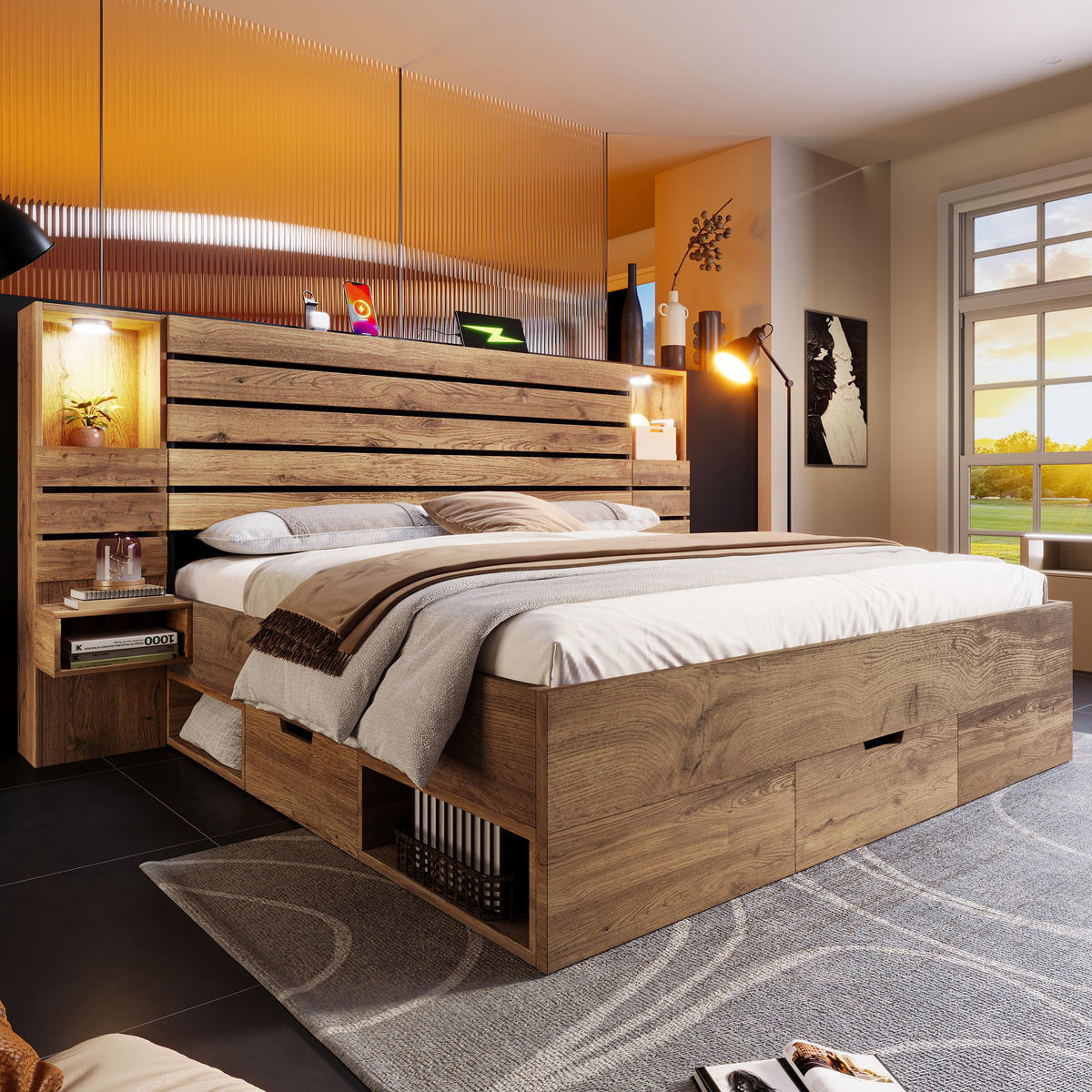 BETT 160/200 cm in Eiche mit 3 Schubladen, LED und USB Type-C - Eichefarben, Holzwerkstoff/Metall (160/200cm) - STILVORA