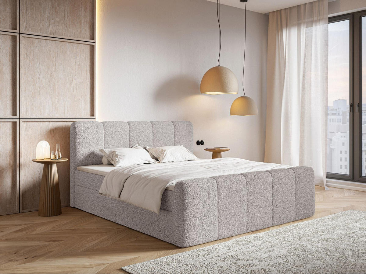 BOXBETT Cloudy II mit Bettkästen und Topper Bouclé Taupe, 180x200 cm - Graubraun/Schwarz, Kunststoff/Textil (180/200cm) - Selsey
