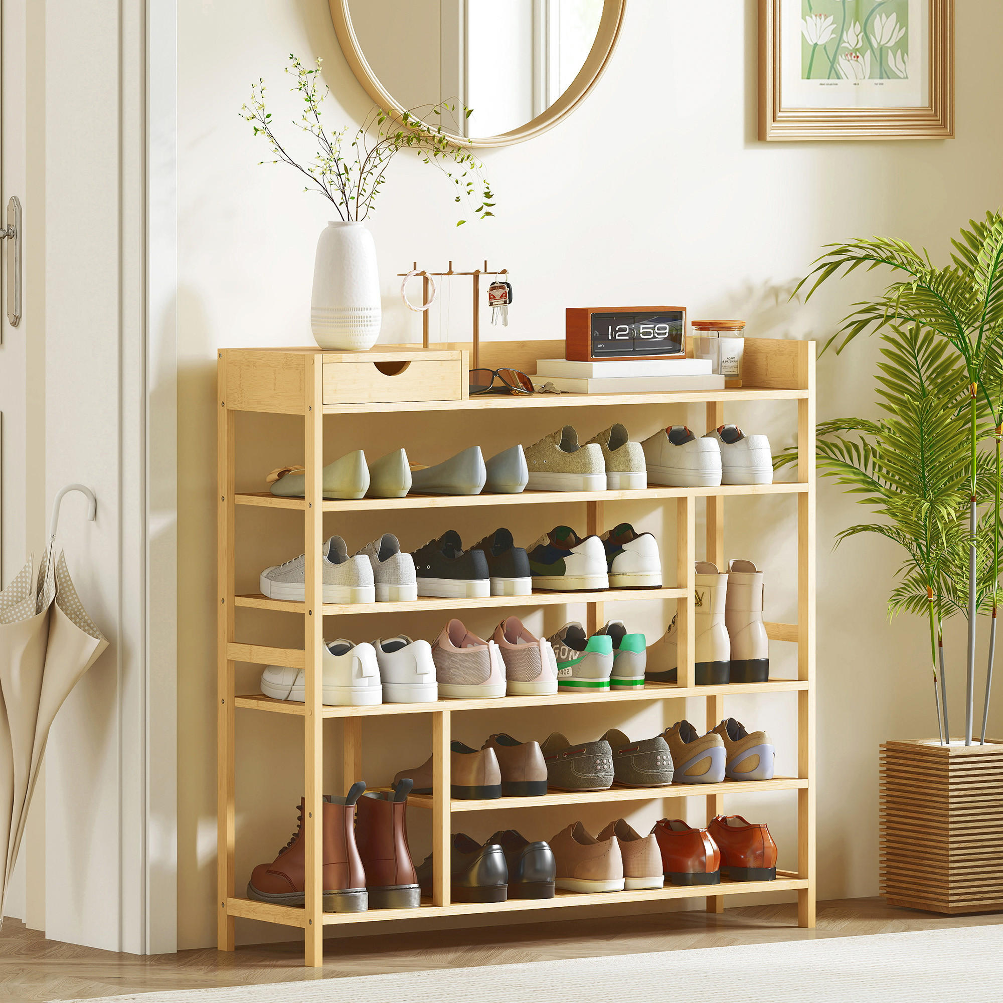 SCHUHREGAL, Schuhständer mit 6 Ebenen, Schublade für max. 18 Paar, Bambus - Naturfarben, Holz/Bambusholz (30/100/101cm) - HOMCOM