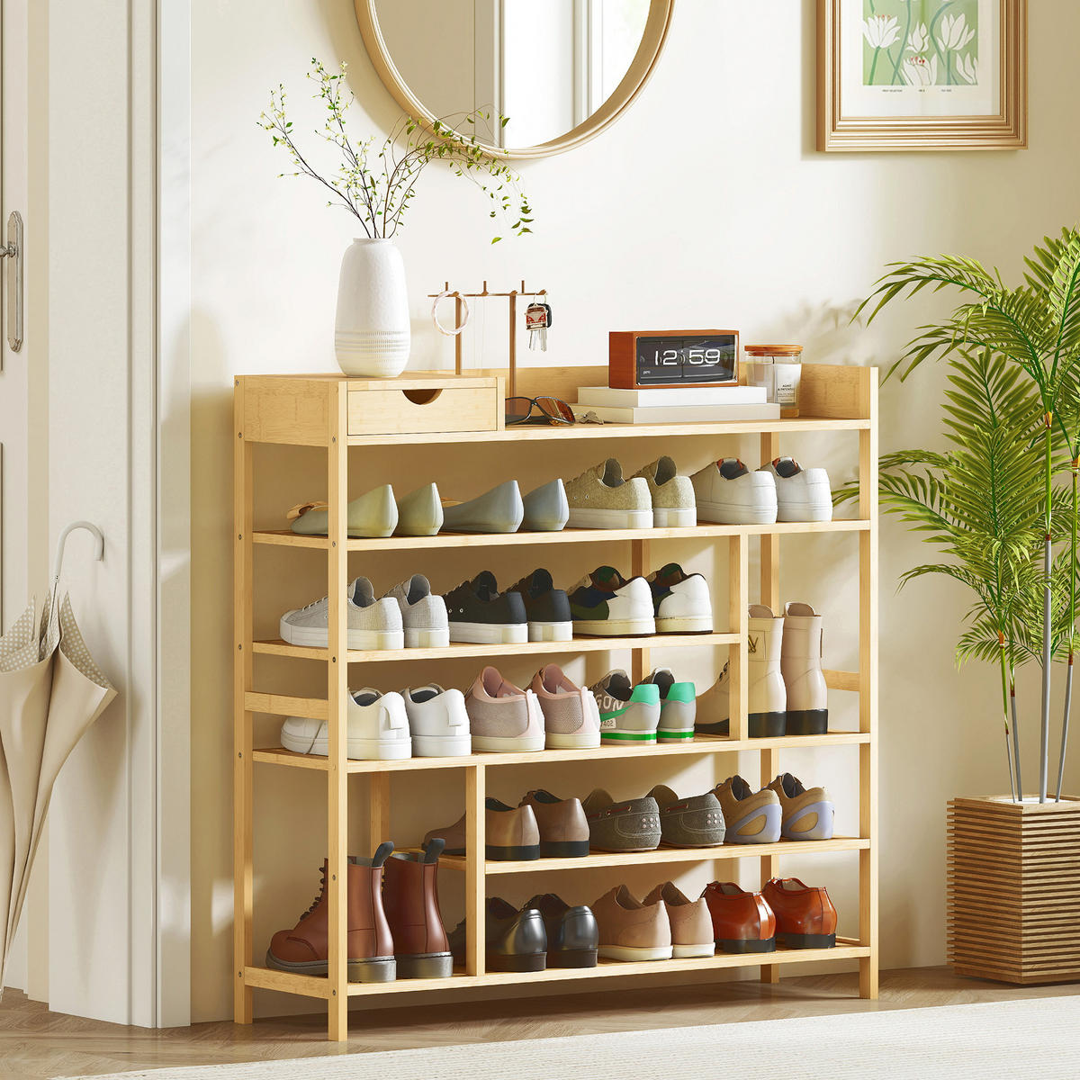 SCHUHREGAL, Schuhständer mit 6 Ebenen, Schublade für max. 18 Paar, Bambus - Naturfarben, Holz/Bambusholz (30/100/101cm) - HOMCOM