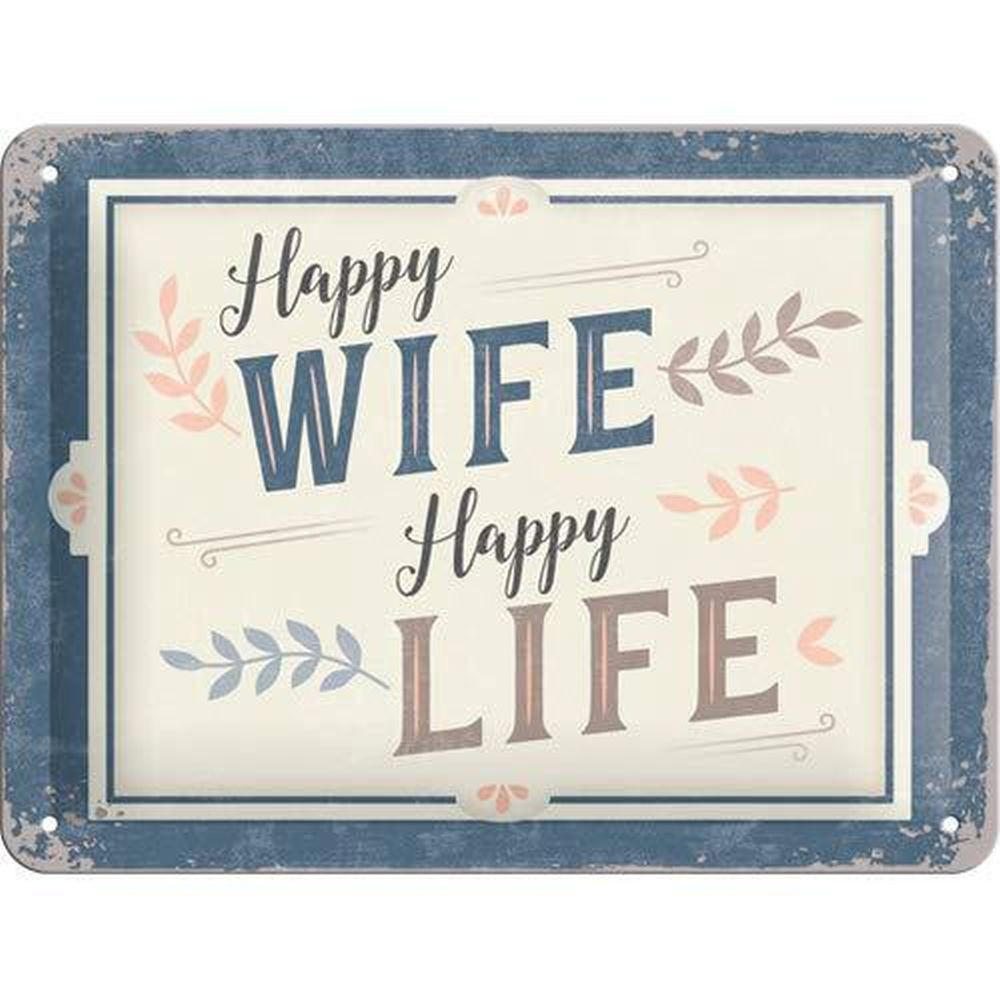 BLECHSCHILD 15/20 cm Word Up Happy Wife Happy Life - Multicolor, Metall (20/15/0.5cm) - Nostalgic-Art