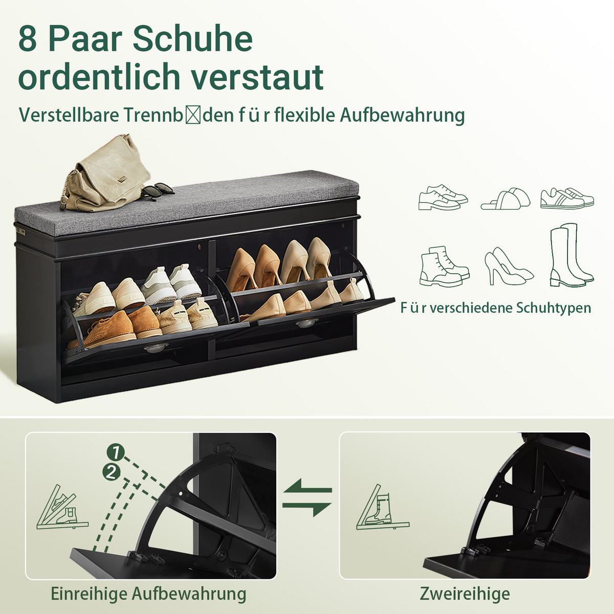SCHUHBANK schwarz, 104x52x24 cm, Sitzpolster, 2 Klappen für 8 Paar, bis 150 kg, verstellbare Böden, für Flur & Diele - Schwarz, Holzwerkstoff (104/52/24cm) - SoBuy