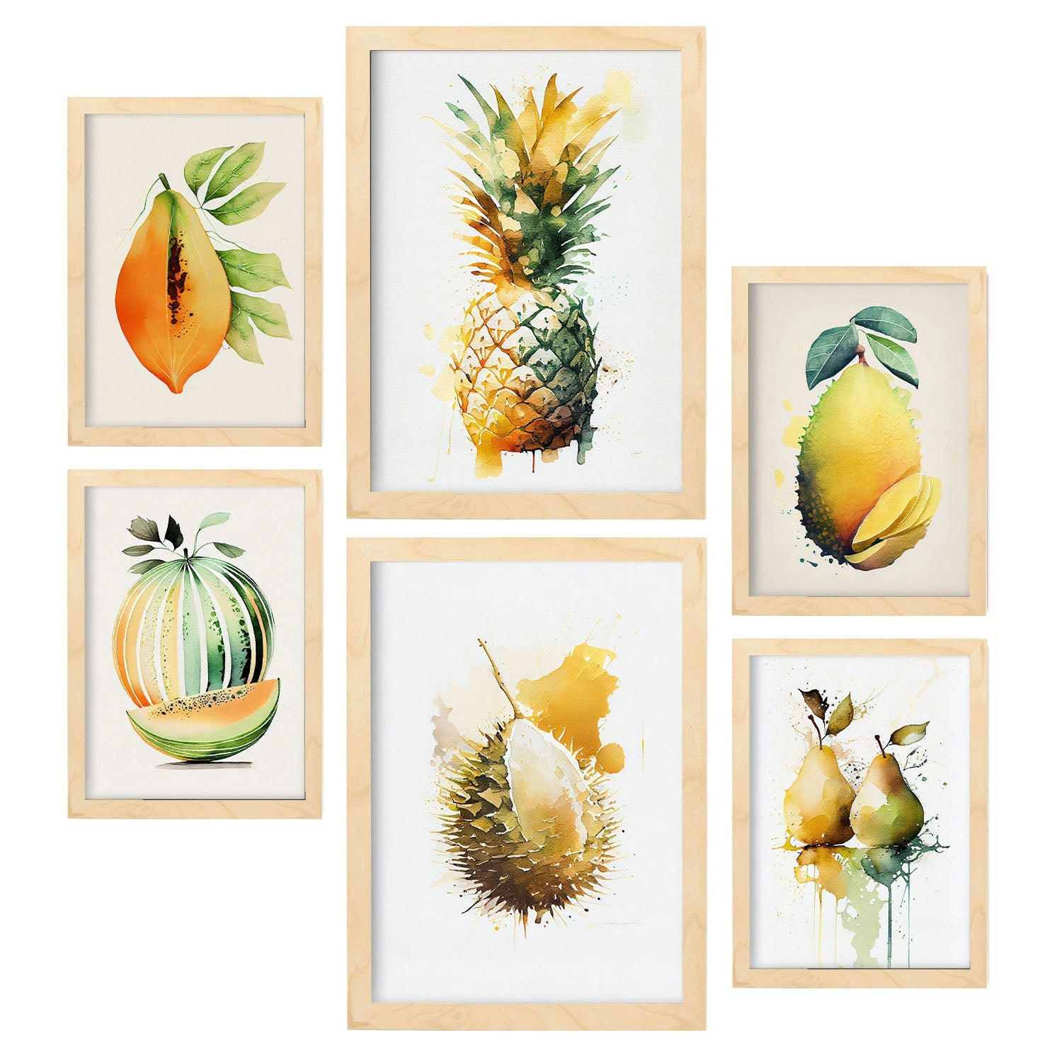 POSTER Set Mit 6 Tropische Früchte Plakate Von Obst Gemüse & Gesunden Lebensmitteln Im Aquarell Kunst Auf Reinweißen A3 & A4 Rahmen Aus Hellem Holz - Beige, Papier (29/3cm) - Nacnic