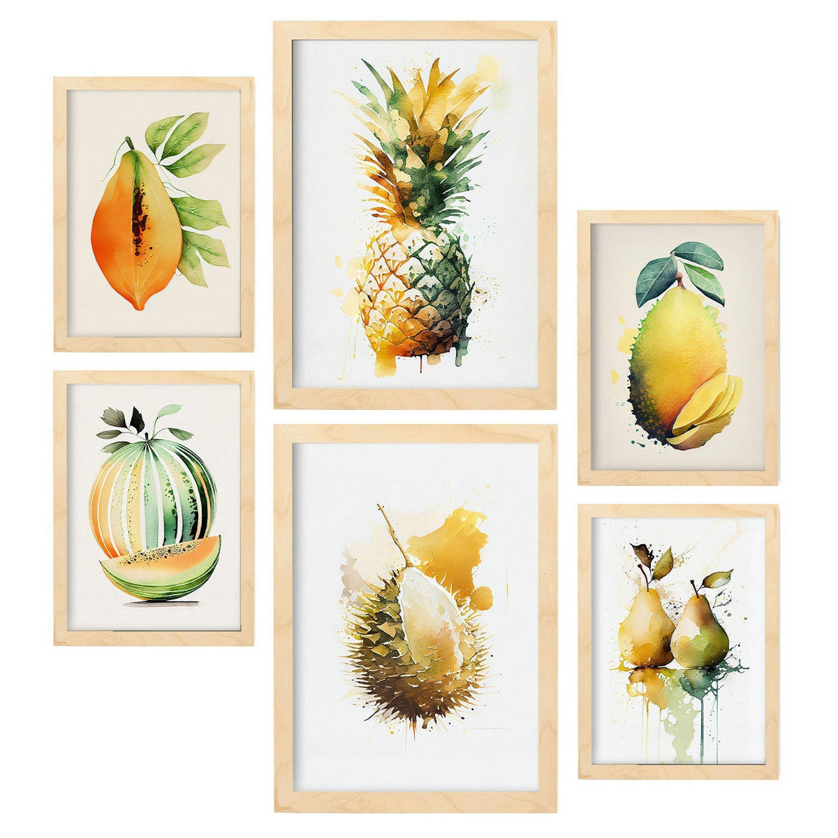 POSTER Set Mit 6 Tropische Früchte Plakate Von Obst Gemüse & Gesunden Lebensmitteln Im Aquarell Kunst Auf Reinweißen A3 & A4 Rahmen Aus Hellem Holz - Beige, Papier (29/3cm) - Nacnic