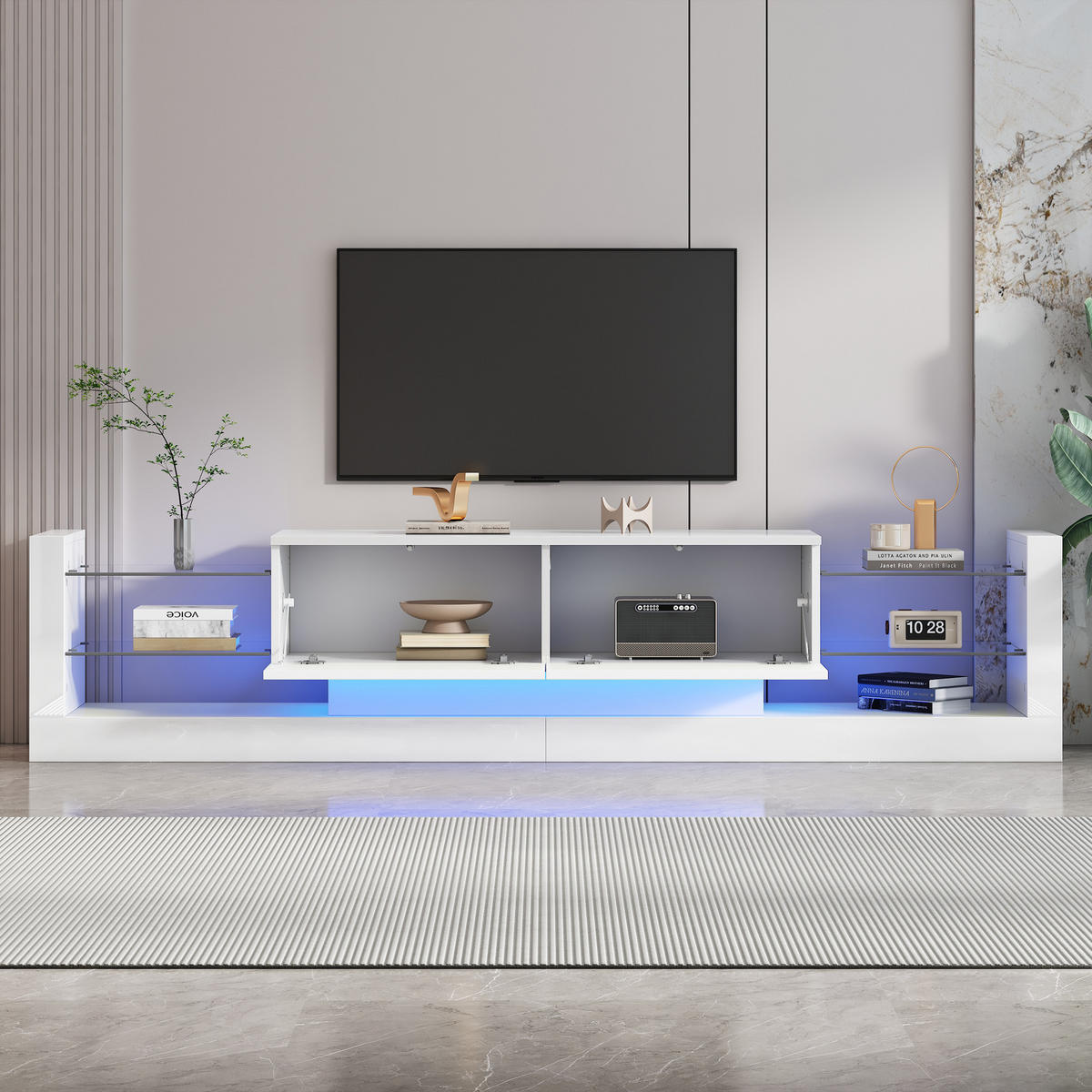 TV-SCHRANK 181/38/38 cm weiß Spanplatte mit LED-Beleuchtung und zwei klappbaren Schubladen - Weiß, Holzwerkstoff (181/38/38cm) - OKWISH