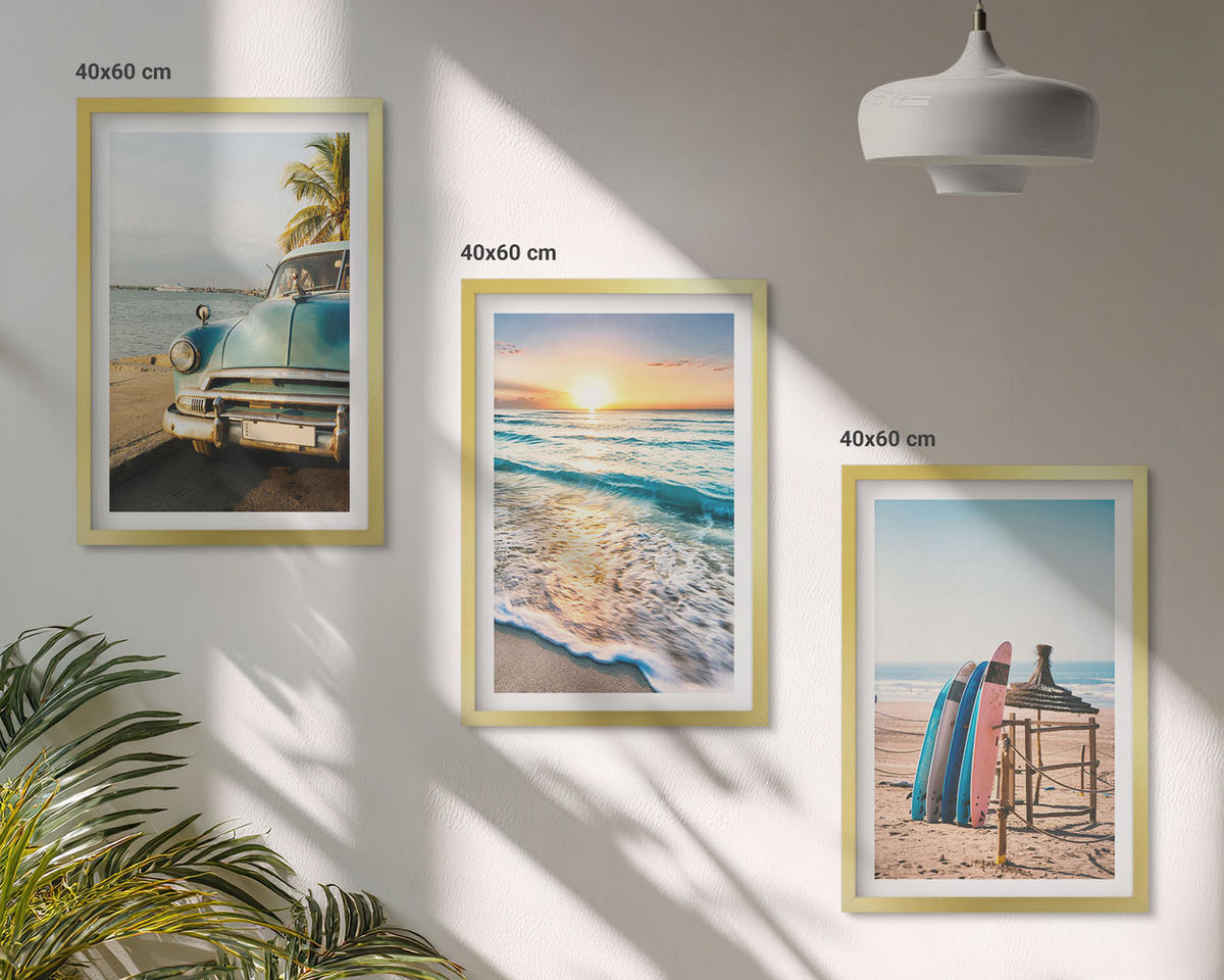 BILDER SET 3er Set - 40x60 cm Goldrahmen - Sonnenuntergangsurlaub in Miami - Goldfarben, Kunststoff (40/60cm) - TULUP