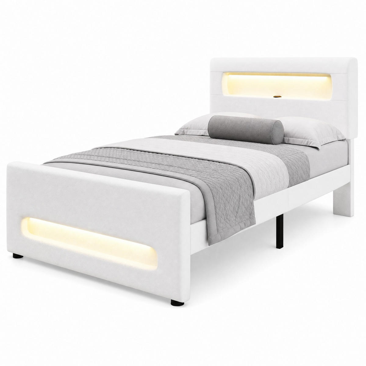 POLSTERBETT 90/200 cm in Weiß mit Schublade, LED und USB aus PU - Weiß, Holzwerkstoff/Textil (90/200cm) - CHICFURN
