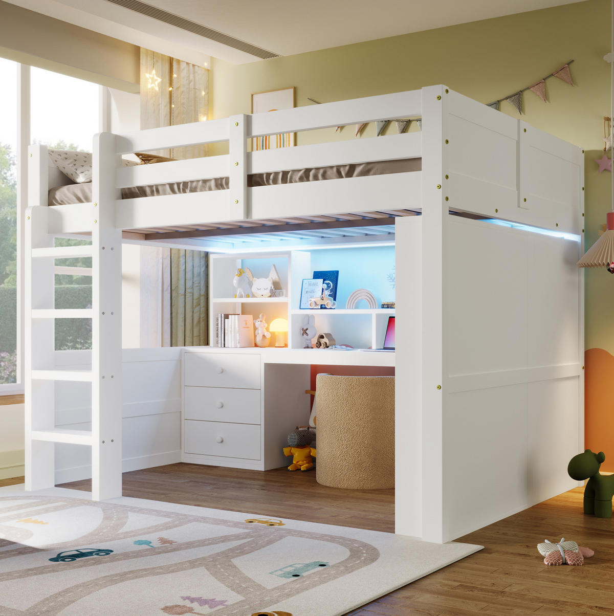 HOCHBETT 140/200 cm in Weiß mit LED-Beleuchtung, Schreibtisch und Kleiderschrank - Weiß, Holzwerkstoff (140/200cm) - Flora Grace