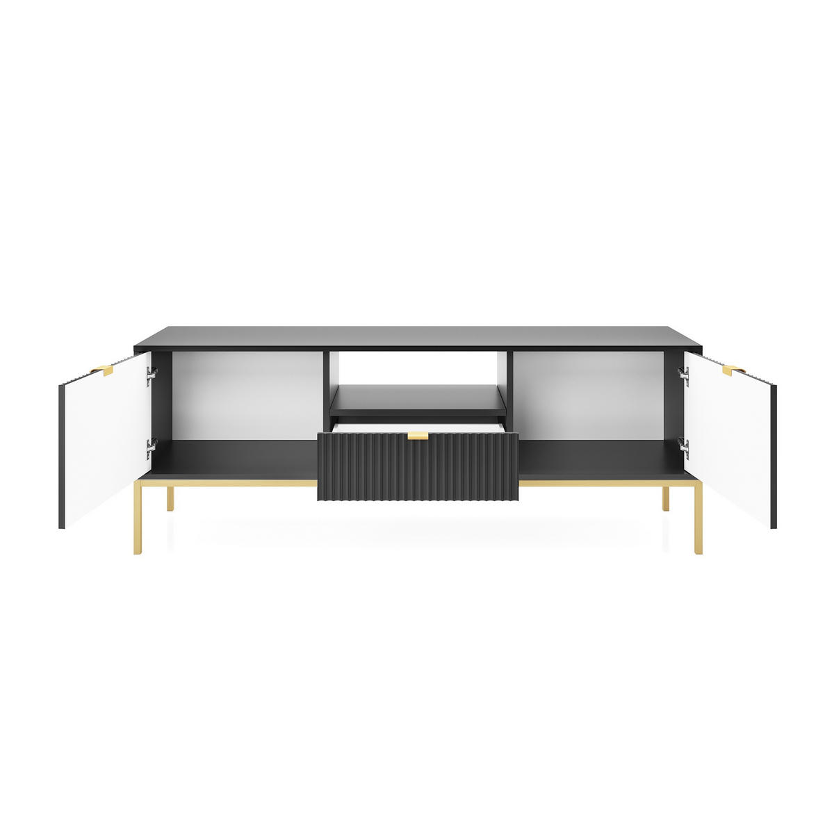 TV-SCHRANK Nova Schwarz, Golden Beine, zweitüriger TV-Tisch - Goldfarben/Schwarz, Holzwerkstoff/Metall (154/56/39cm) - Bettso