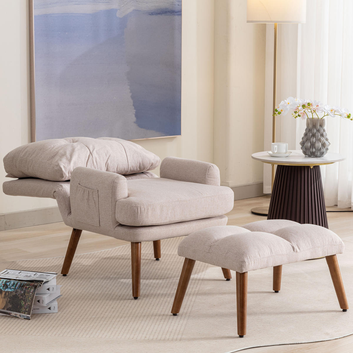 LOUNGSESSEL Verstellbar 5-stufig Neigbar Fußstütze Ablage - Beige, Holz (115.5/31/66.5cm) - FLIEKS