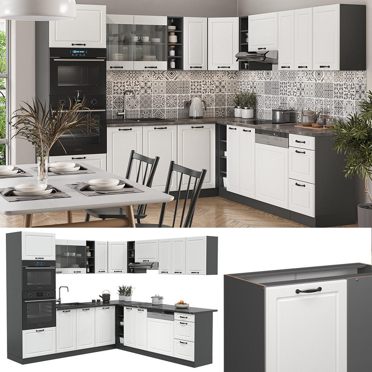 ECKKÜCHE R-Line Weiß Landhaus/Anthrazit 237 x 247 cm, AP Marmor - Anthrazit/Weiß, Holzwerkstoff (247/81.6/60cm) - Vicco