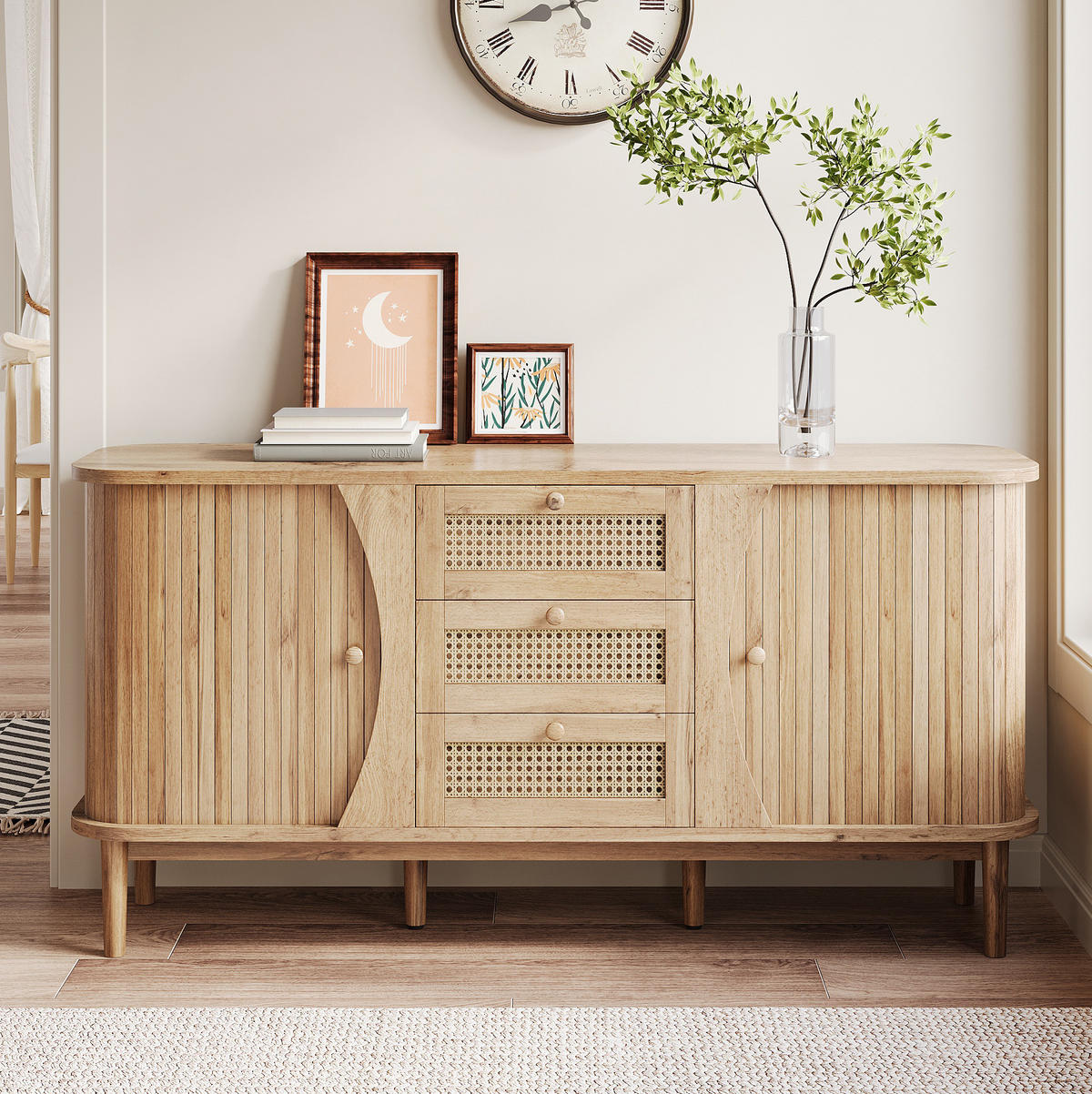 KOMMODE 140,5/40/76 cm mit 3 Schubladen und Rattanfronten - Naturfarben, Holzwerkstoff (140.5/40/76cm) - BEAOK
