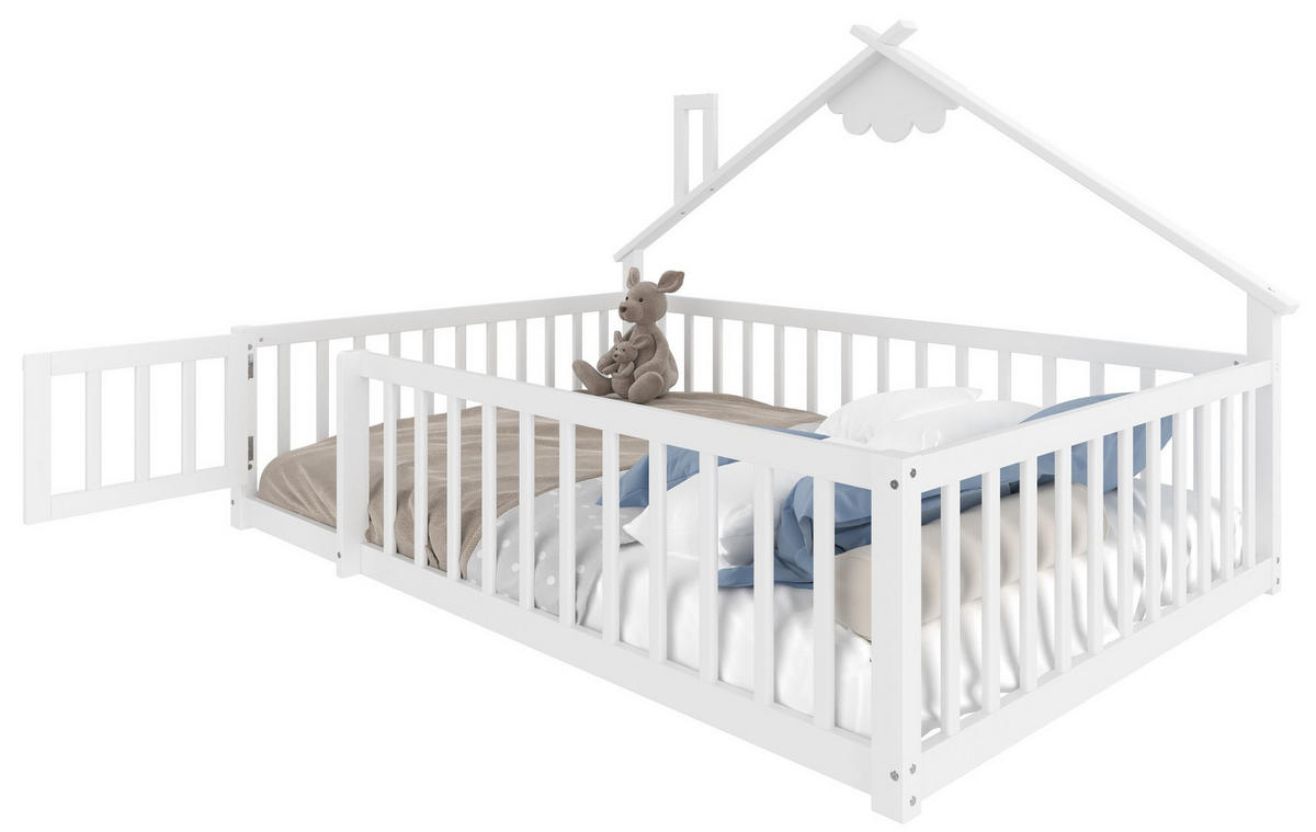 KINDERBETT Hausbett 140/190 cm, Weiß mit Geländer - Weiß, Holz (140/190cm) - MIVRAY