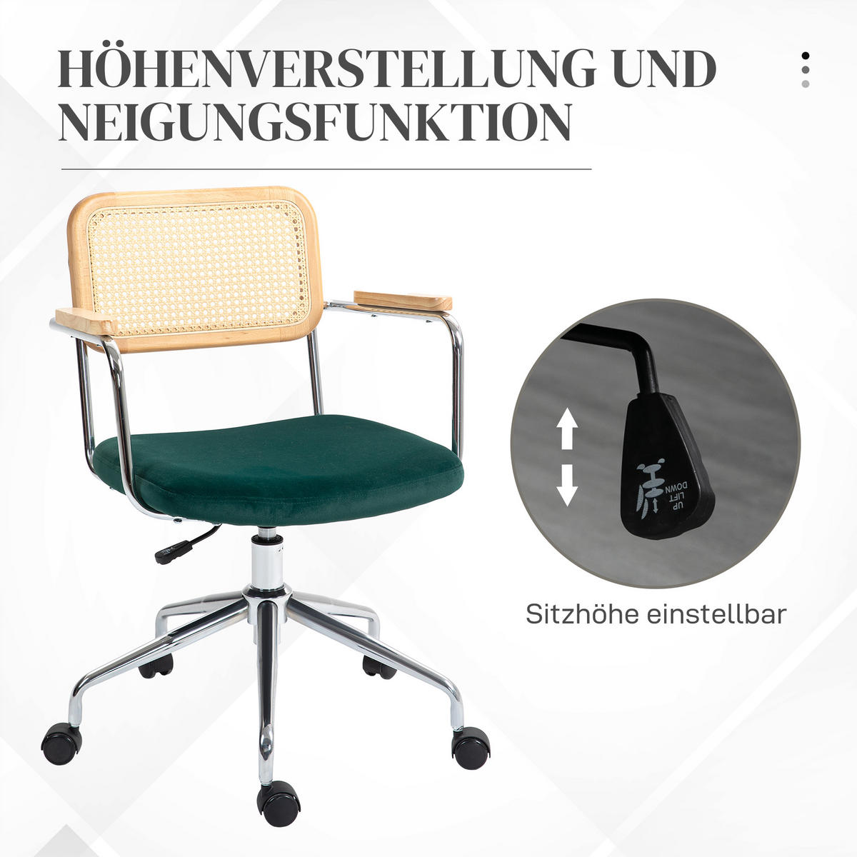 BÜROSTUHL, Schreibtischstuhl mit Rattanoptik, Wippfunktion für Home Office, Grün - Grün, Kunststoff (57/94/60cm) - HOMCOM