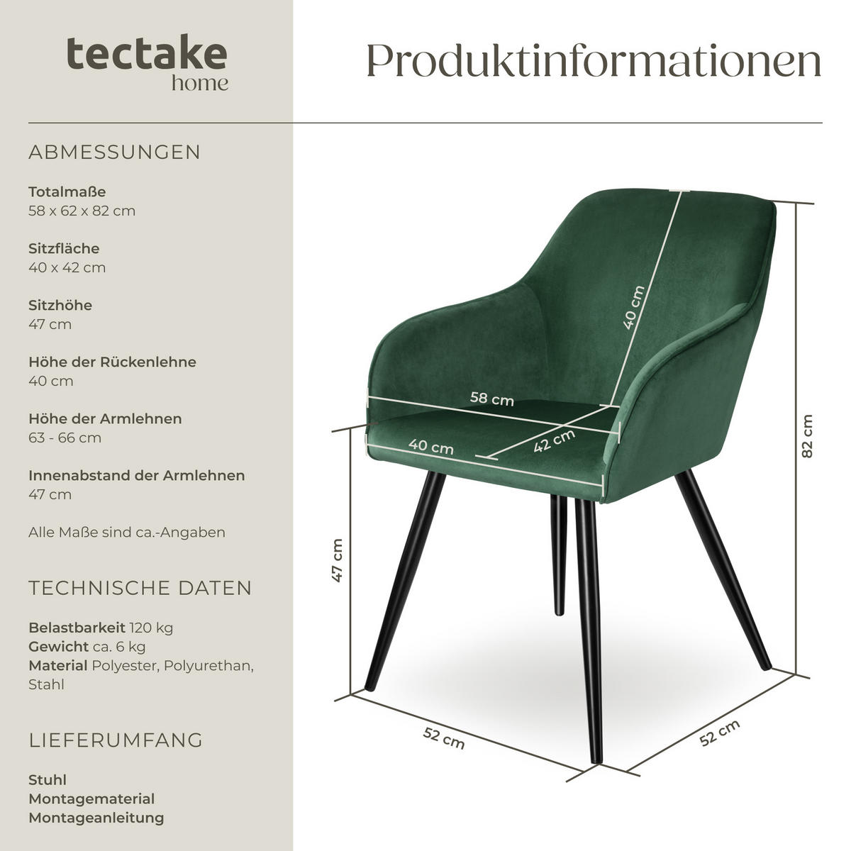 ESSZIMMERSTUHL Marilyn,58 x 62 x 82 cm,dunkelgrün/schwarz - Dunkelgrün/Schwarz, Textil (58/82/62cm) - tectake