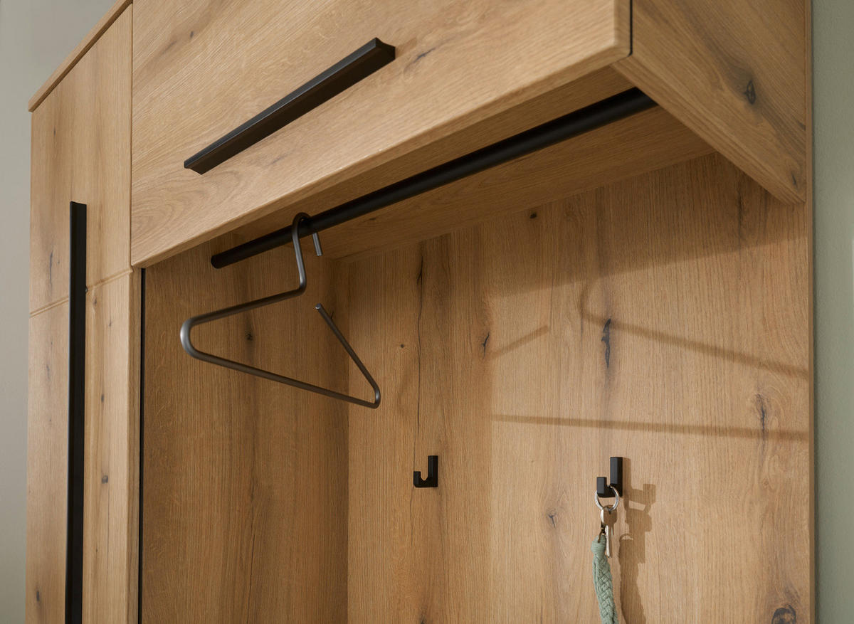 KOMPKATGARDEROBE Evoke Eiche 111 x 200 cm, Garderobe mit Soft-Close - Eichefarben/Schwarz, Holzwerkstoff/Kunststoff (111/200/37cm) - Furn.Design