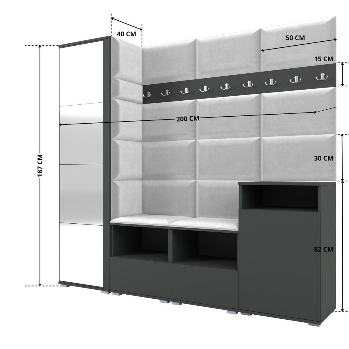 GARDEROBE NELA X 200 cm (Modulare Flurmöbel Graphit mit Spiegel & Sitzpolster Hellgrau 32 Schrank + Sideboard) - Silberfarben/Hellgrau, Holz/Holzwerkstoff (200/187/40cm) - Ravio