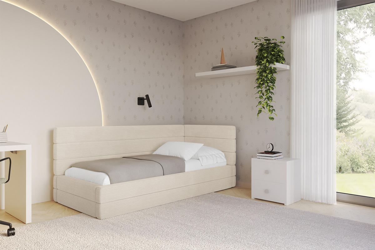 EINZELLBETT Jugendbett mit Bettkasten, Links - BEMY 90x200 Beige - Creme, Holzwerkstoff/Textil (90/200cm) - ALTDECOR