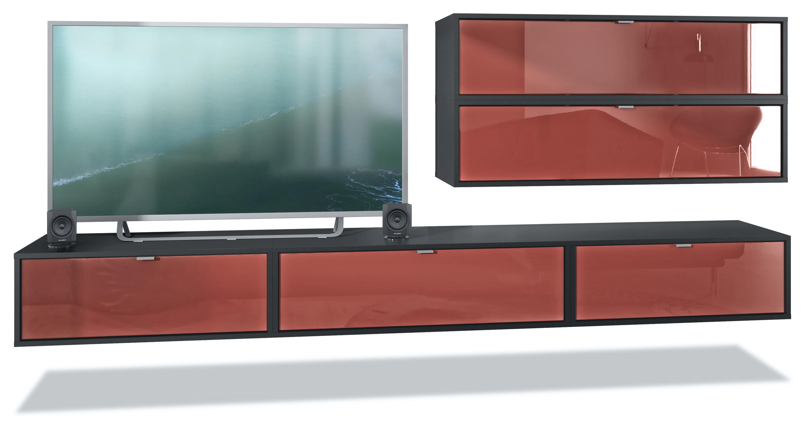 WOHNWAND Lana Fronten in Bordeaux Hochglanz - Bordeaux, Holzwerkstoff (260/150/37cm) - Vladon