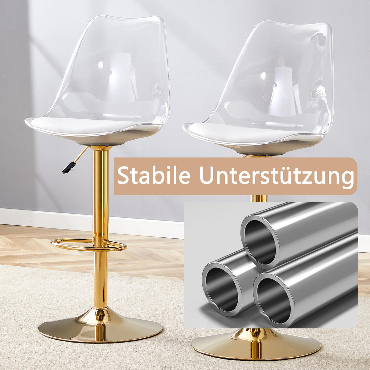 BARHOCKER 2er Set in Transparent & Gold 360° Drehung - Goldfarben, Kunststoff (46/120/53cm) - Urban Meuble