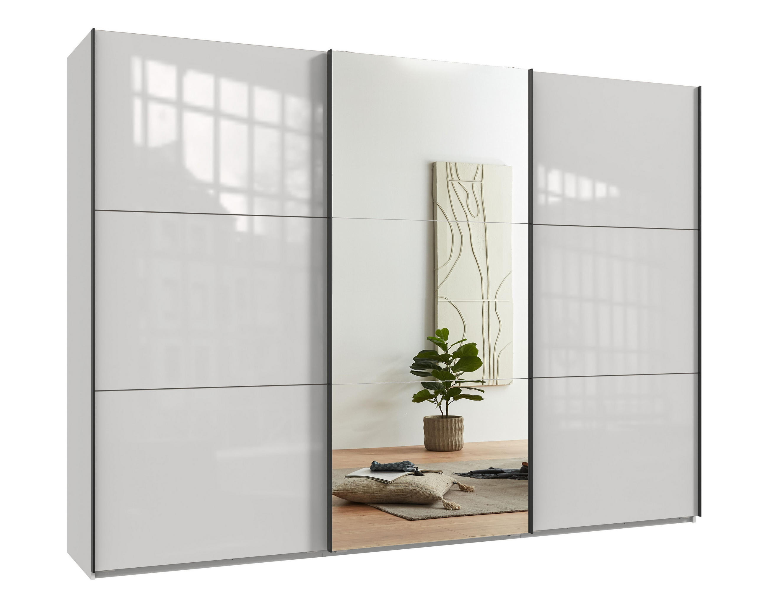 luma-home SKŘÍŇ S POSUVNÝMI DVEŘMI, 3dveřová, 300 × 216 × 65 cm (Š×V×H), bílá barva se skleněnými čely, jedny zrcadlové dveře / 22039