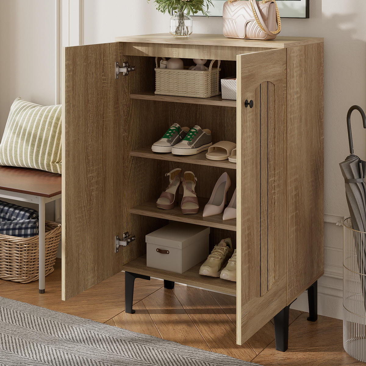 SCHUHSCHRANK 2 Türen Stauraum Mehrschichtige Böden Ablage - Naturfarben, Holzwerkstoff (31.5/95/60cm) - FLIEKS