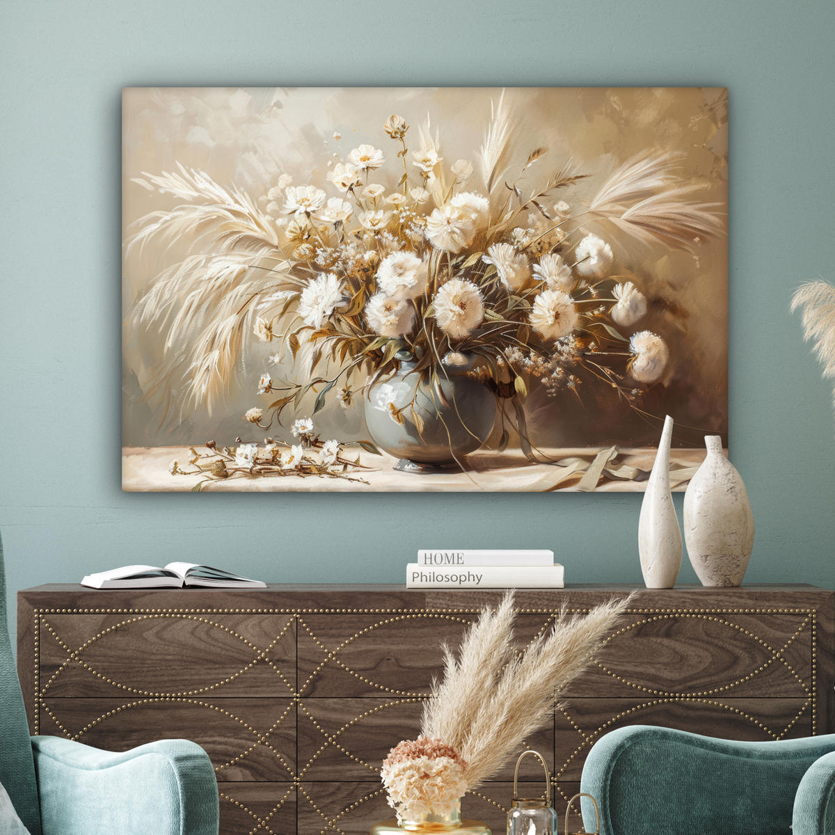 LEINWANDBILD Blumen - Vase - Stilleben - Beige XXL 150x100 cm - Creme, Textil (150/100cm) - MuchoWow