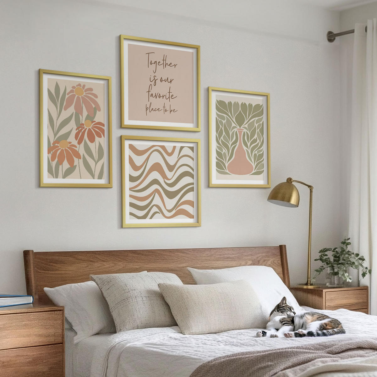 BILDER SET 4er Set - 50x50 cm & 40x60 cm Goldrahmen - Abstrakte Pastellblumen - Goldfarben, Kunststoff (50/50cm) - TULUP