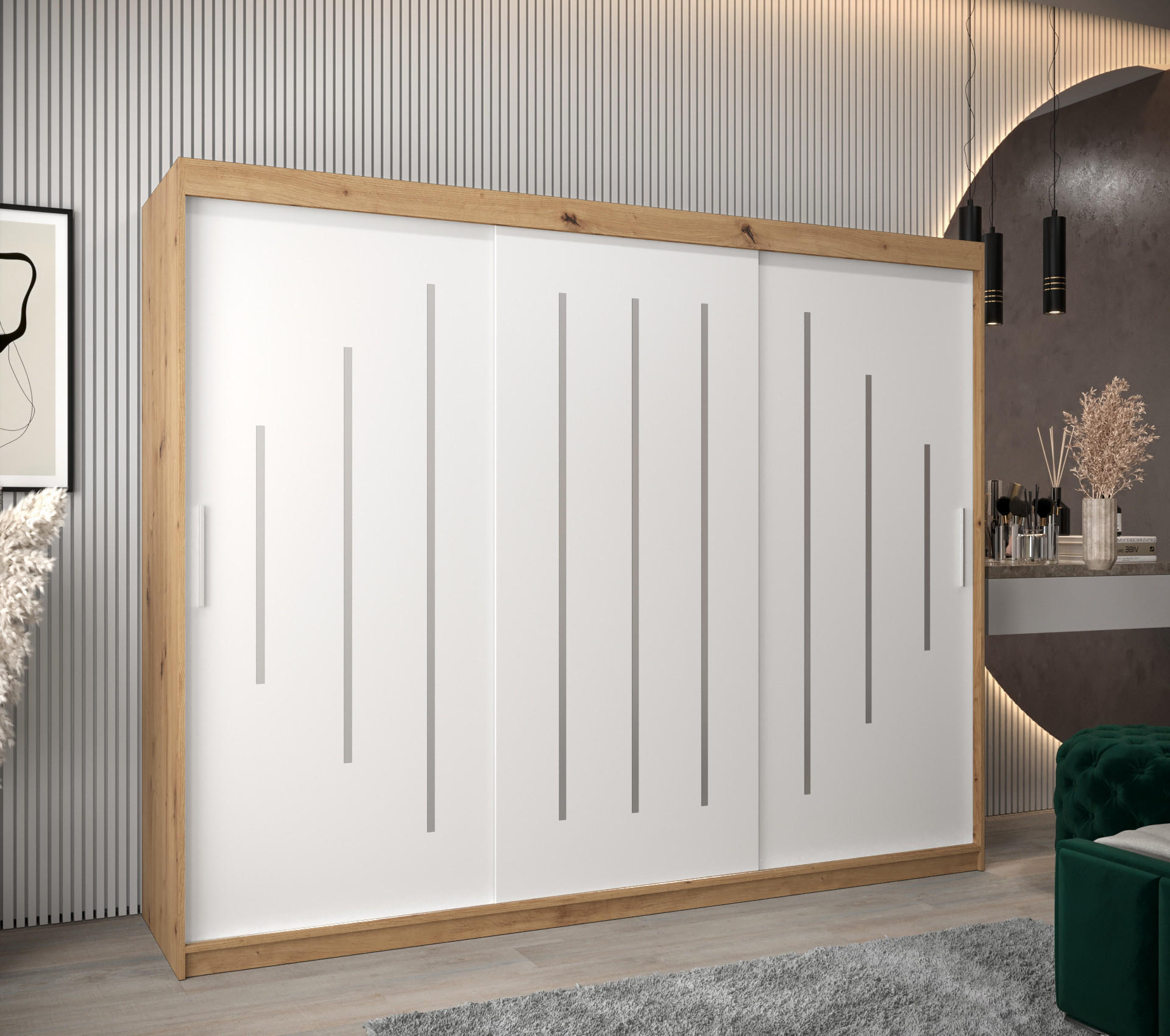 SCHWEBETÜRENSCHRANK 200/250/62 3-türig - Silberfarben/Weiß, Holz/Kunststoff (250/200/62cm) - Abiks Möbel