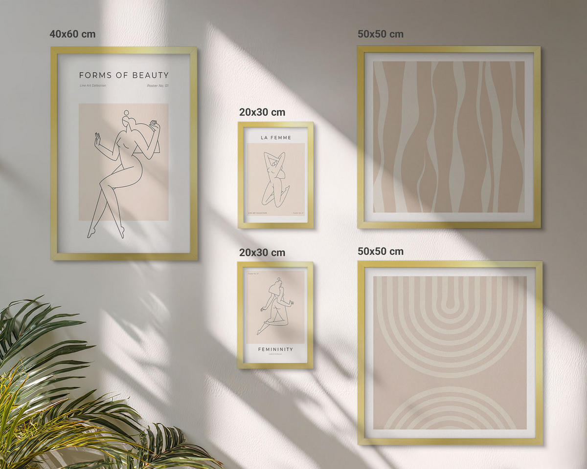WANDBILDER 5er Set - 50x50 cm & 20x30 cm & 40x60 cm Goldrahmen - Eine Sammlung minimalistischer Formen - Goldfarben, Kunststoff (40/60cm) - ArtPrintCave