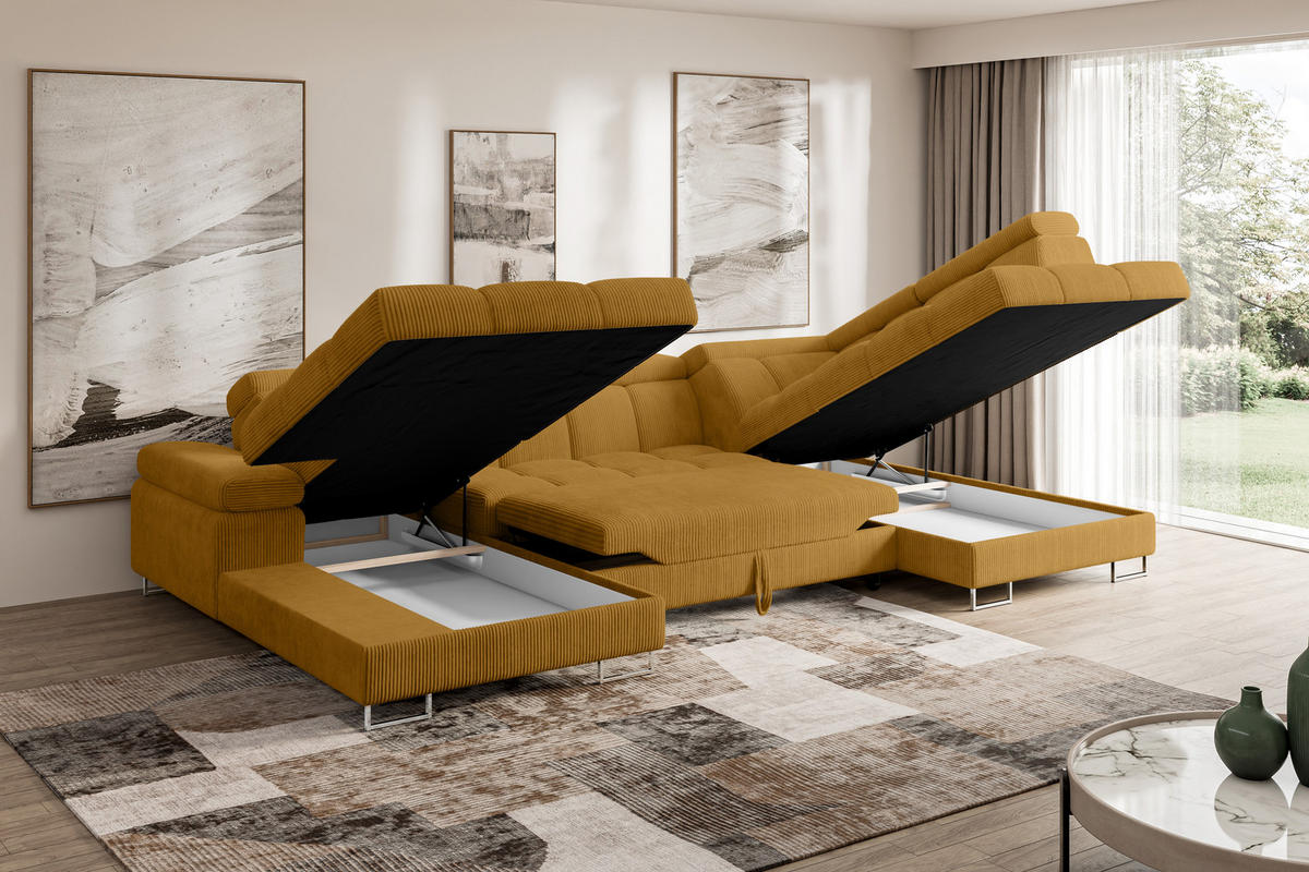 WOHNLANDSCHAFT mit Schlaffunktion und Bettkasten Ottomane RECHTS COMA U 345x203x79 Senfgelb Cord - Honig, Holzwerkstoff/Textil (203/79/345cm) - ALTDECOR