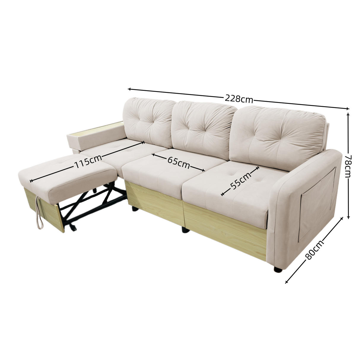 ECKSOFA 228/115/78 cm Beige mit Ausziehbarer Fußhocker, USB-Anschluss und Aufbewahrungstasche - Beige, Textil (228/80cm) - Oxeza