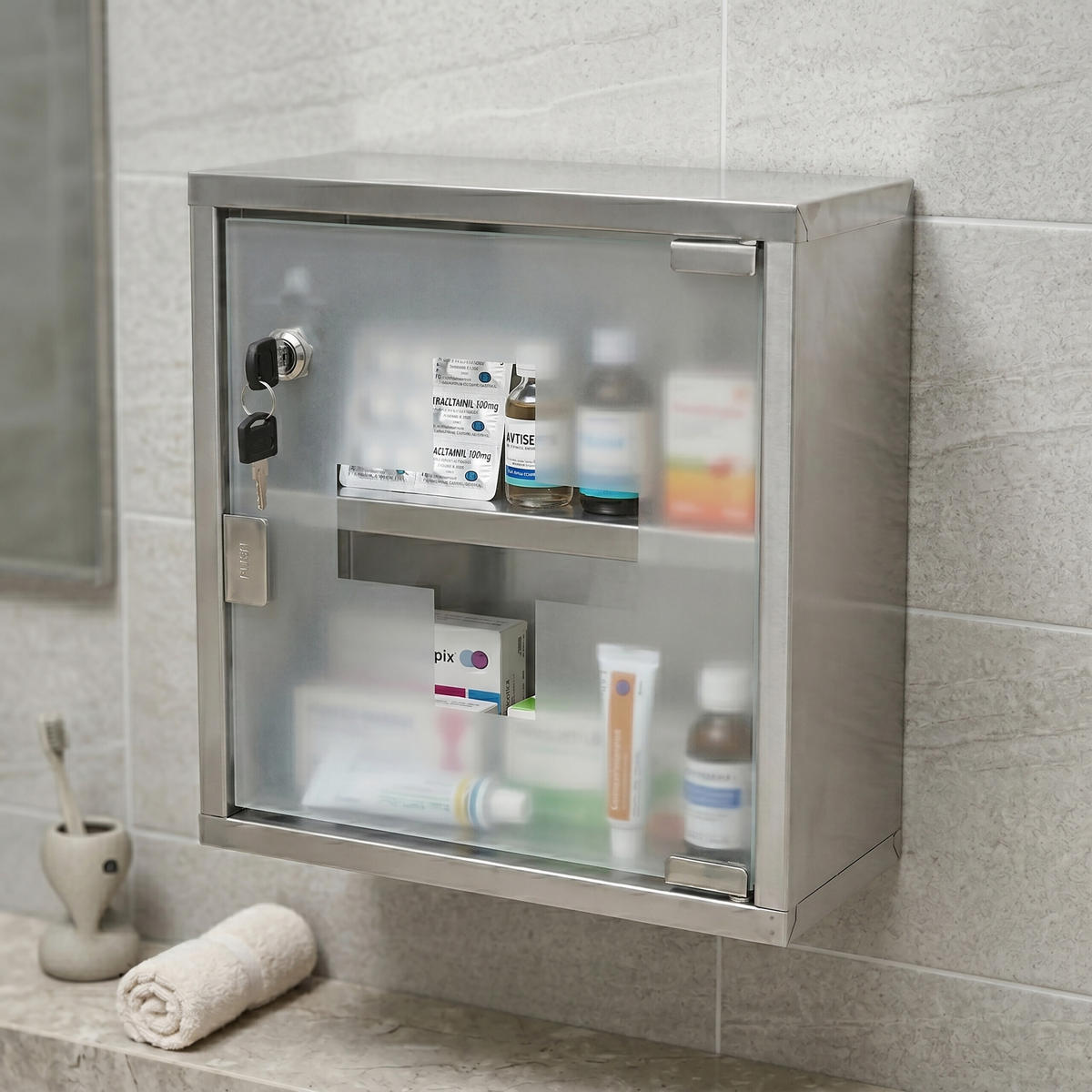 DULĂPIOR Argintiu inox sticlă satinată cu cheie 30x30x12 cm - argintiu, sticlă/metal (30/30/12cm) - Relaxdays