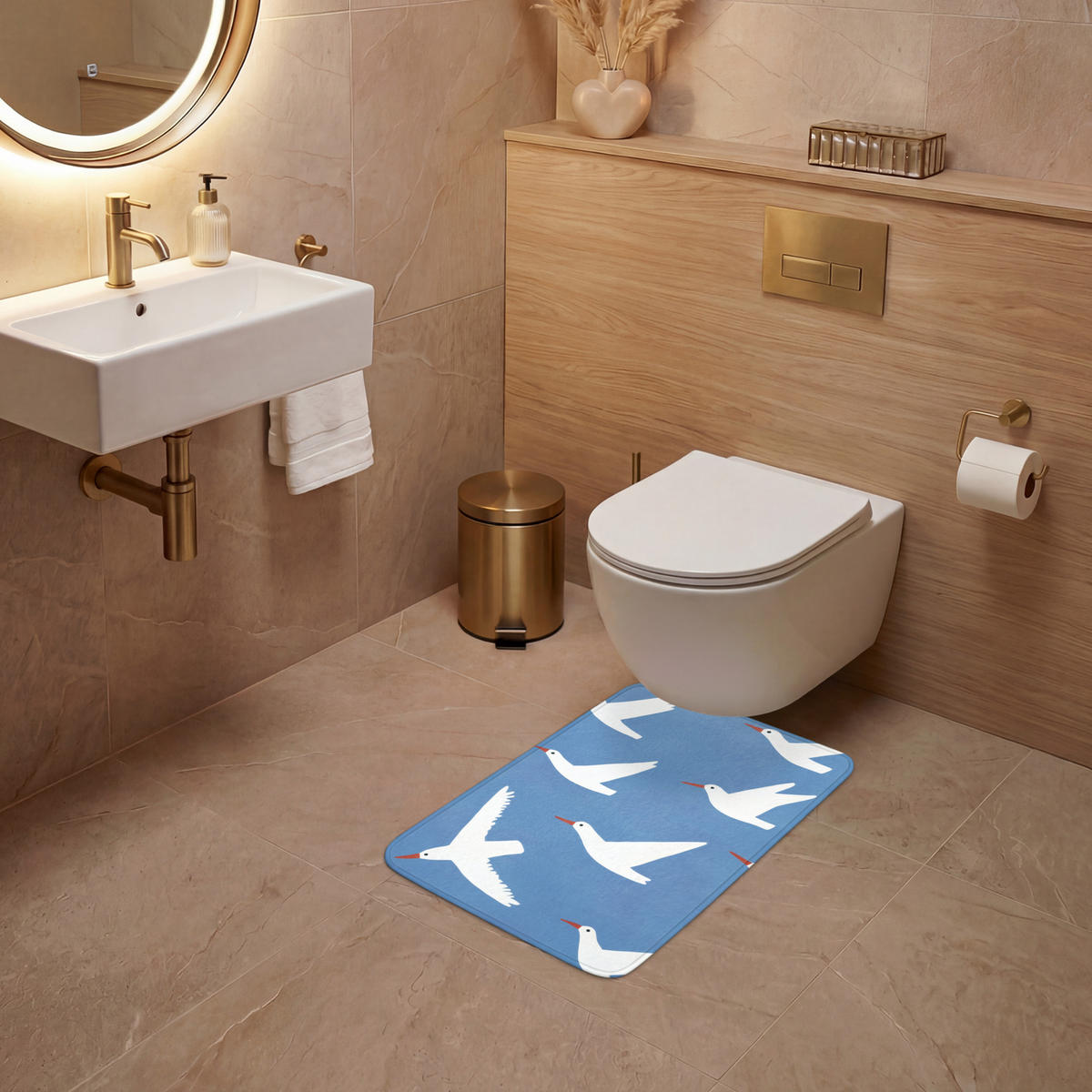 WC PŘEDLOŽKA Ptáci - bílá - vzor 40x60 cm - modrá, textil/plast (40/1cm) - OnlyWow