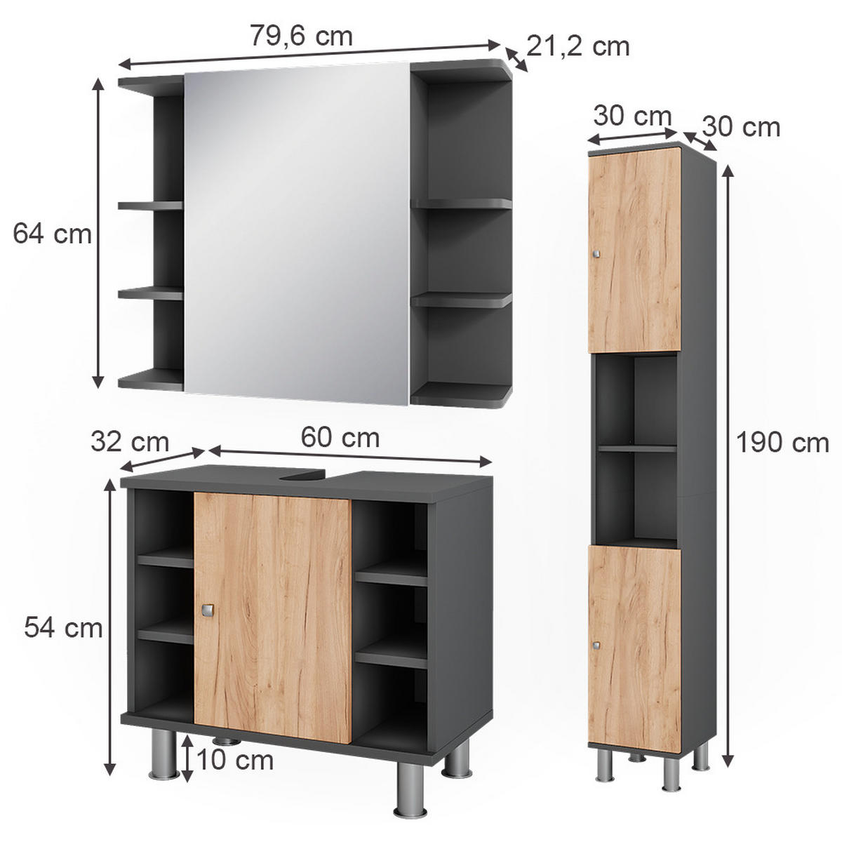 BADMÖBEL-SET Fynn Anthrazit/Goldkraft Eiche 3 Teile mit Hochschrank - Honigeiche/Anthrazit, Holzwerkstoff (60/54/32cm) - Vicco