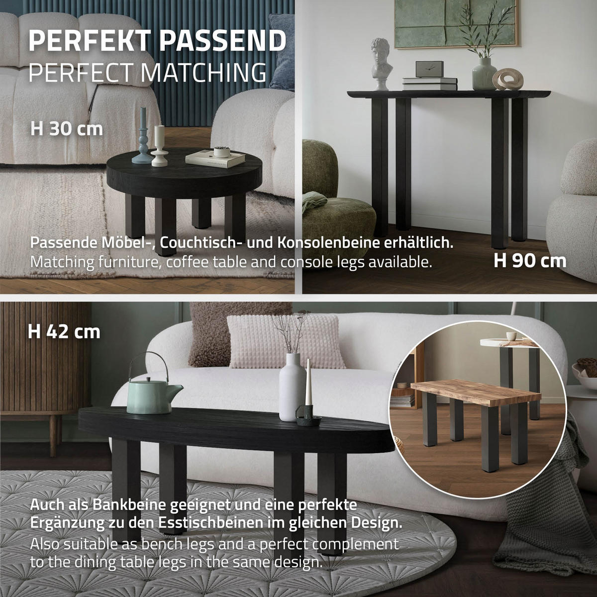 TISCHBEINE 4er Set I-Design H:72 cm Dunkelgrau 8x8 cm - Dunkelgrau, Metall (8/72/8cm) - ML-DESIGN