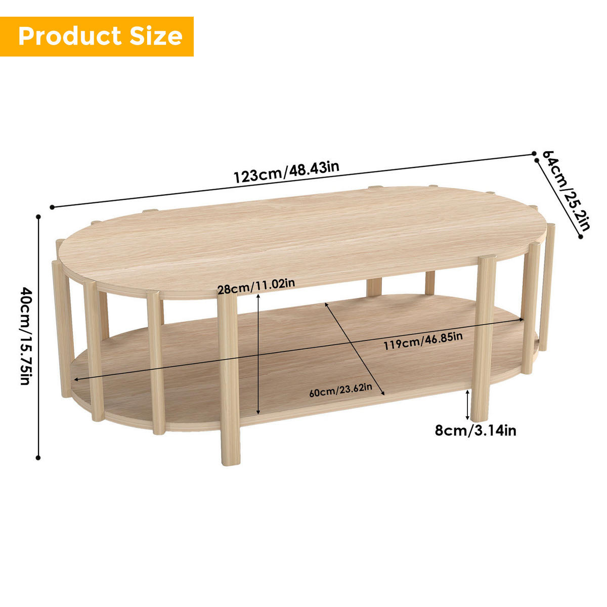 COUCHTISCH Ovaler Stauraum-Tisch 119 cm – Moderner Holzoptik-Couchtisch, Minimalistisches Design, MDF, Holzfarbe - Naturfarben, Holzwerkstoff (119/60/40cm) - Ej. Life