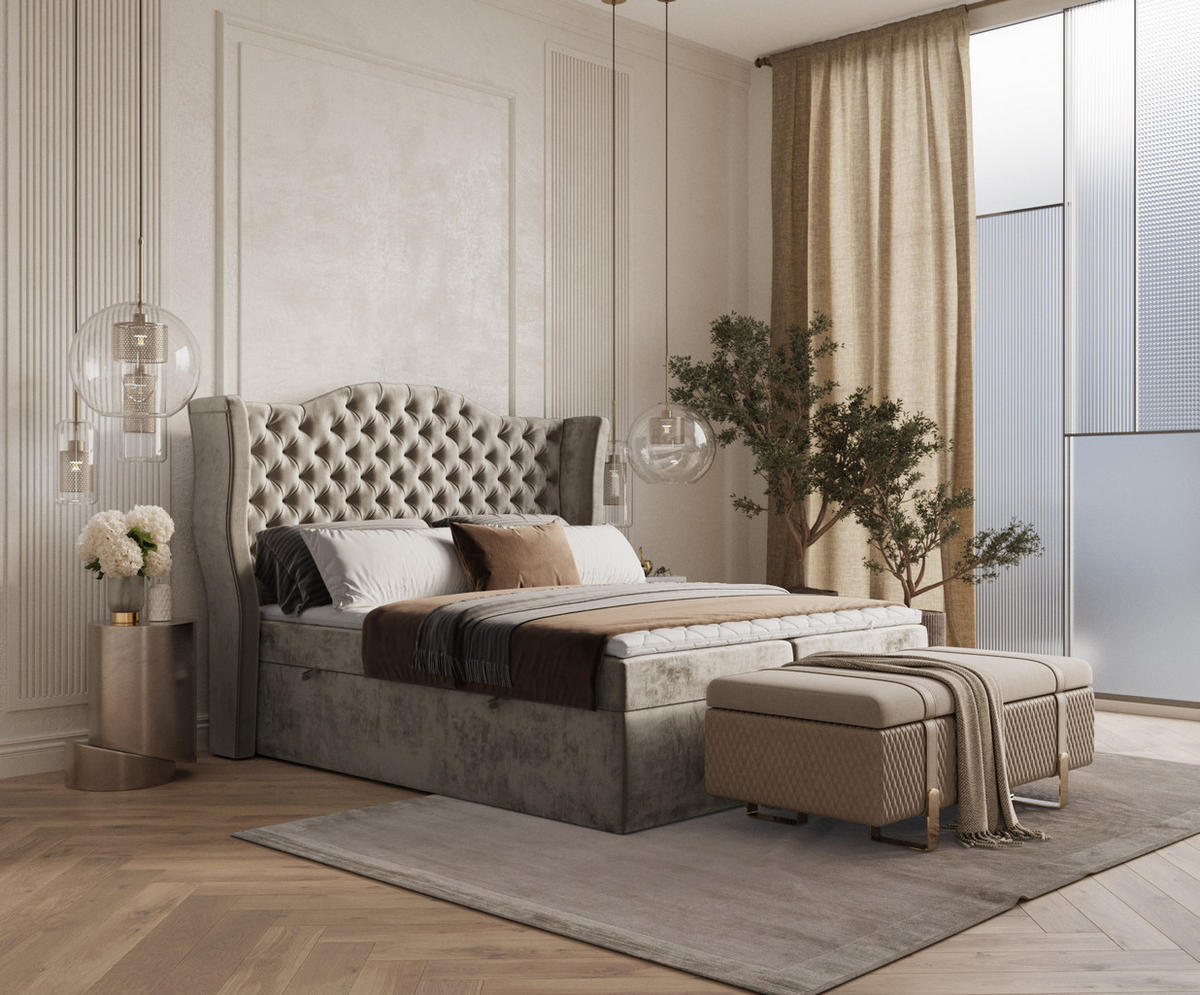BOXBETT Royal Beige 200/200 cm im Chenille-Stoff - Beige/Schwarz, Holz/Holzwerkstoff (200/200cm) - Maison de Reve