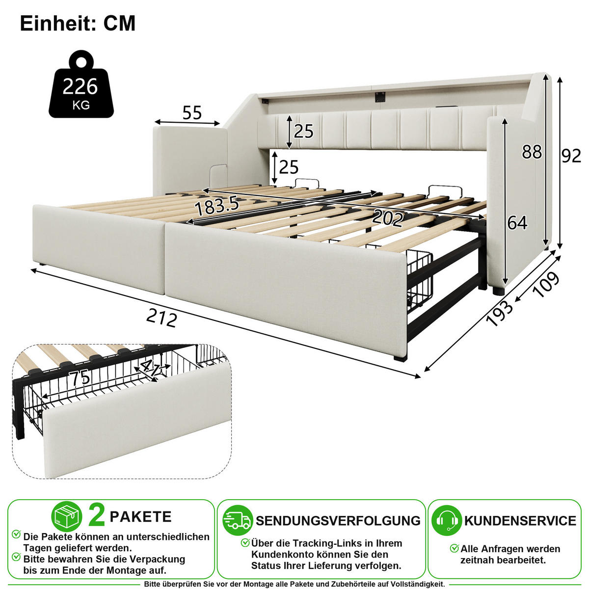 ROZKLÁDACÍ POSTEL 90/200 cm v béžové barvě se zásuvkami, LED osvětlením, USB a Type-C - béžová, kompozitní dřevo/textil (90/200cm) - CHICFURN